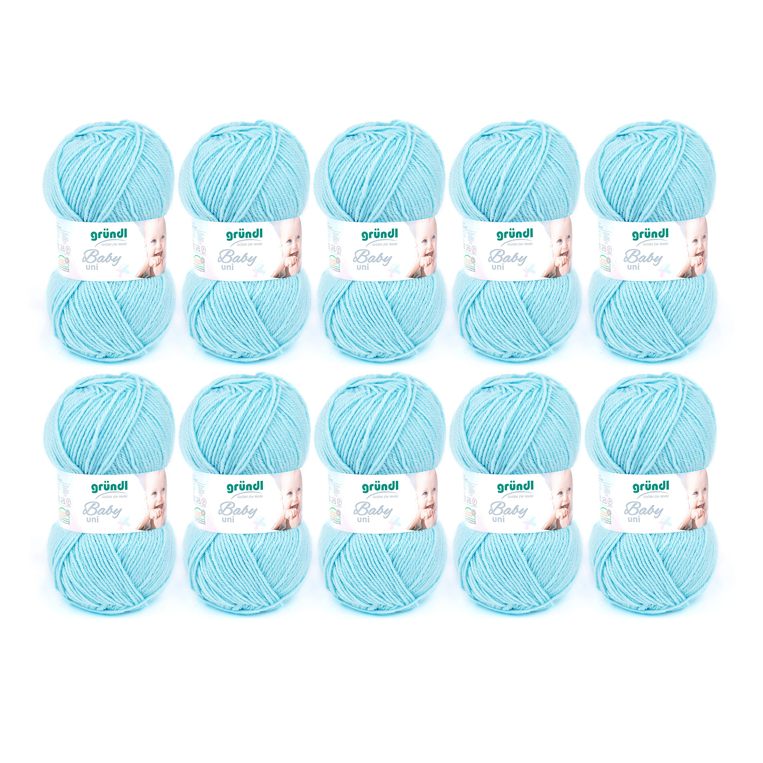 Gründl Baby Uni knitting/crochet yarn (hard wearing and easy-care, made of 70% polyacrylic and 30% polyamide, 50 g / 150 m, needle size: 3.5-4.5mm, 10 x 50 g), Pastel turquoise