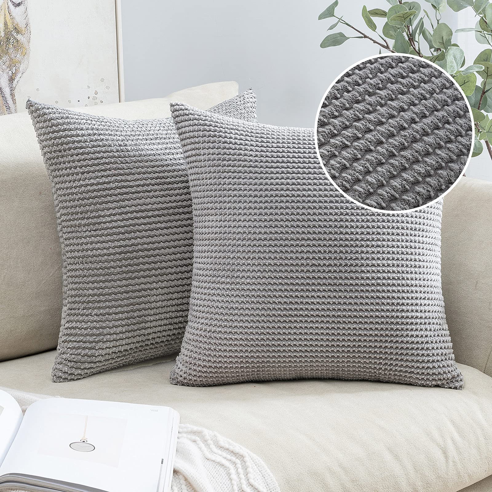 MIULEE Set of 2 Square Cushion Covers Polyester Fabric Chenille Pattern Soft Durable Comfortable Concise Decoration Pillowcase Without Pillow for Living Room, Bedroom, Sofa, Light Grey, 45 x 45 cm