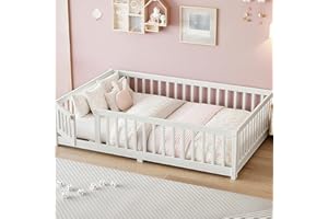 Bellemave Full Size Montessori Floor Bed Frame with Rails & Door, Solid Wood Kids Floor Bed Full with Removable Slats, Low Profile Montessori Bed for Children’s Sleep & Play, White