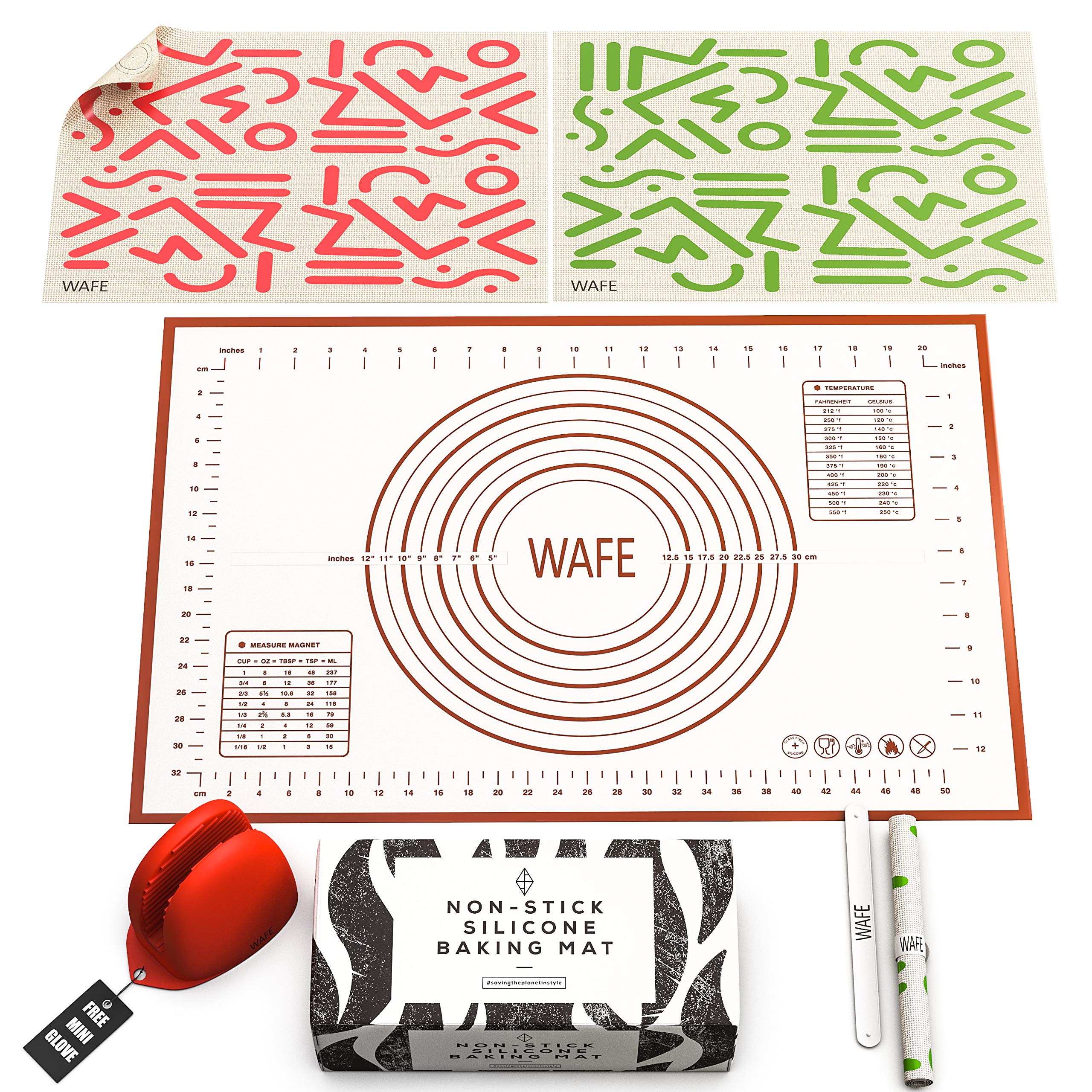 WAFE Silicone Oven Liner Baking Mat –3 Colour Coded Non Stick Sheets for Tray, Mini Oven Glove & Storage Band, Reusable BPA Free Bakeware