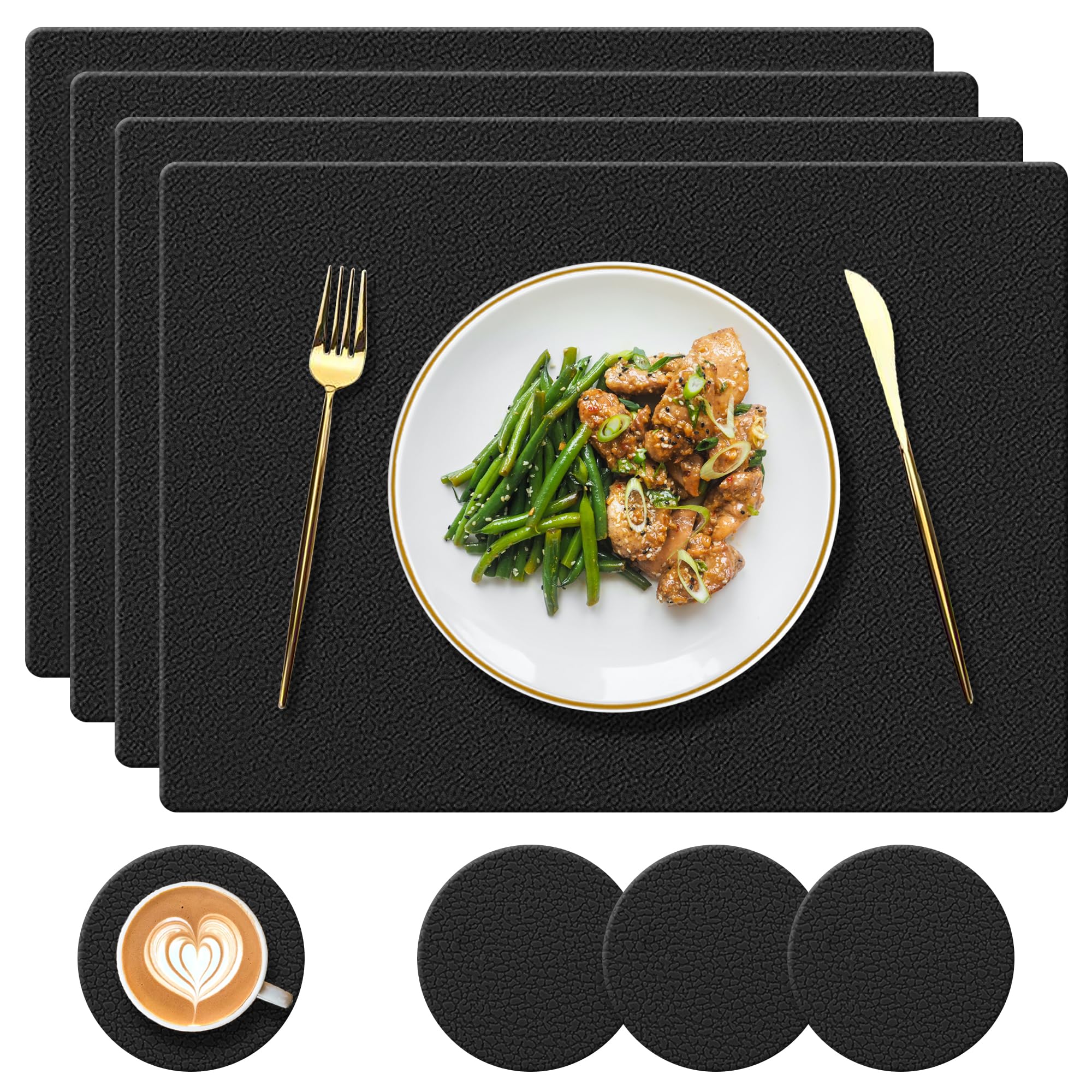 YUNJUER Silicone Place mat and Coaster Set of 4, Placemats Heat-Resistant 450 °F, Non-Slip and Waterproof, Decoration Accessories for Indoor, Outdoor, Home, Hotel, Restaurant, Dining Table, Black