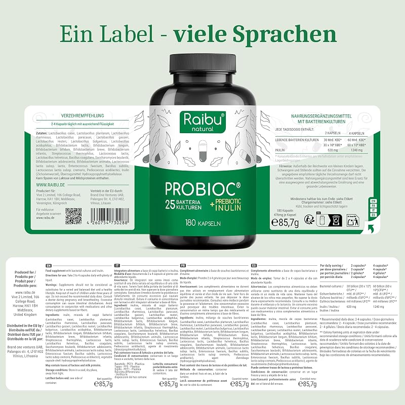Probioc Kulturen Komplex - 25 Bakterienstämme + Inulin - 300 Mrd. KBE/g - 180 hochdosierte & magensaftresistente Kapseln - mit Lactobacillus & Bifidobakterien - Raibu