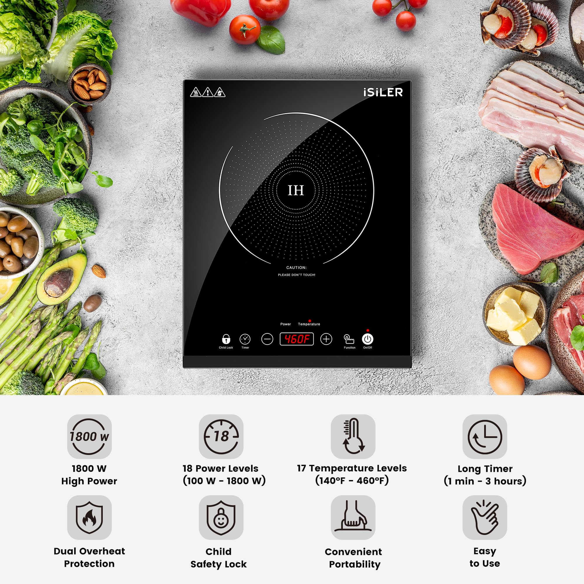 Portable Induction Cooktop, iSiLER 1800W Sensor Touch Electric Induction Cooker Hot Plate with Kids Safety Lock, 6.7