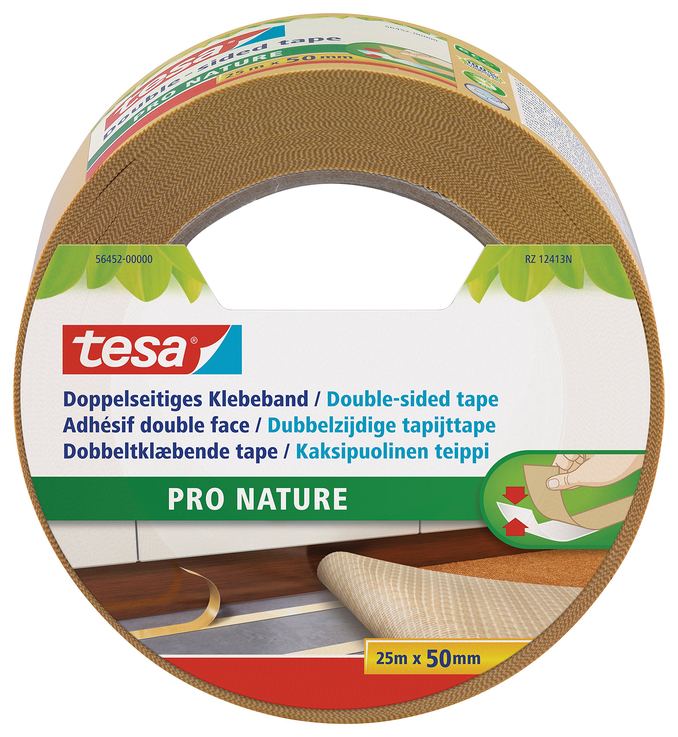tesa Pro Nature Eco Fixation Double-Sided Tape Roll - Ecological - Versatile - Carpet Fixing, Decoration, Crafts - 100 % Recycled Plastic - 25 m x 50 mm