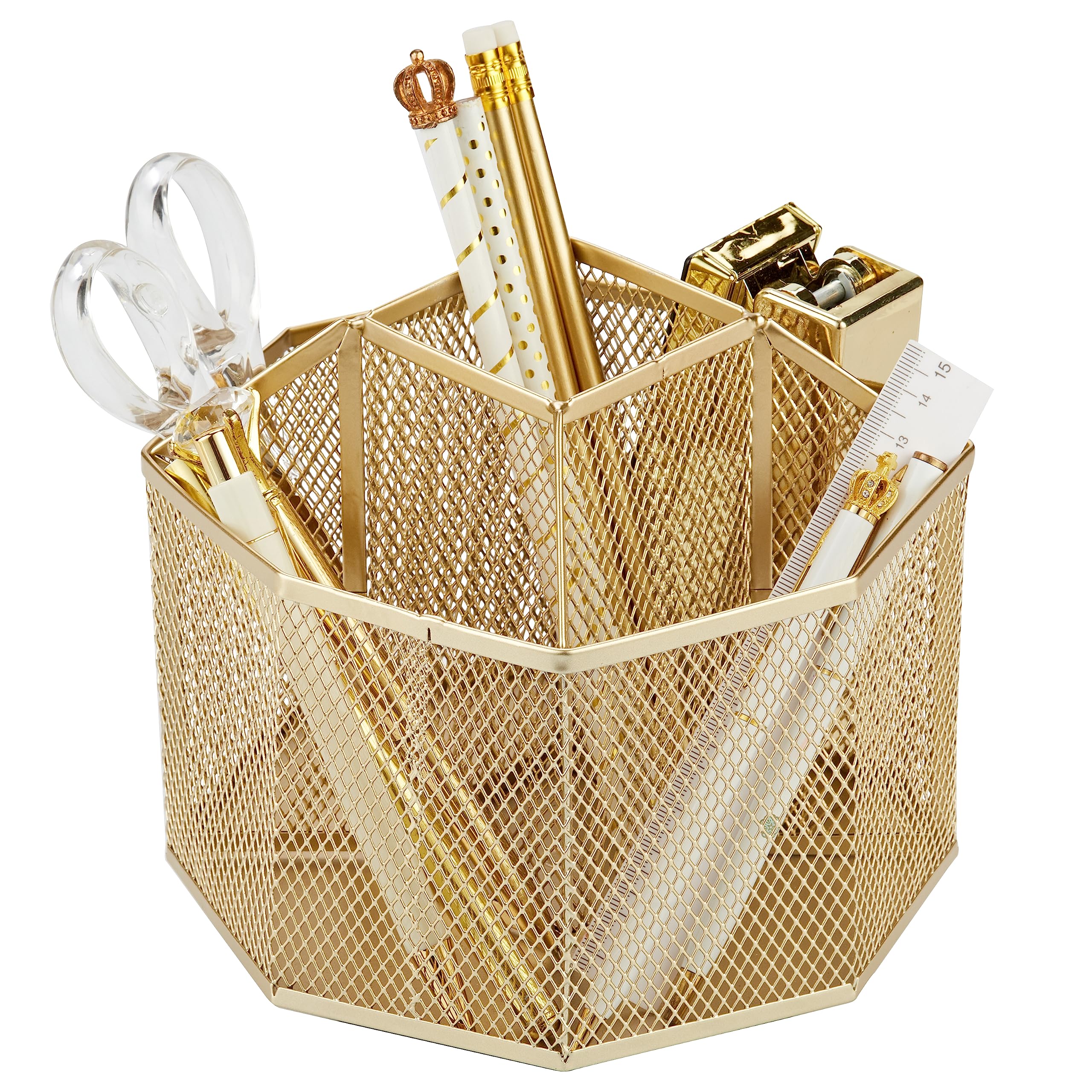Annova Mesh Desk Organizer Rotate with 5 Compartments Spinning Tidy Candy/Pen Holder Office, Art Supply, Storage, Classroom, Home (Gold)
