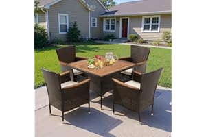 Wisteria Lane Patio Outdoor Table and Chairs Set, Rattan Outdoor Patio Furniture Set with Removable Cushions, Outdoor Patio Dining Sets with Acacia Wood Tabletop for Deck Garden Backyard, Brown