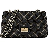 M-ioi-M Quilted Denim Crossbody Bags for Women, Chain Strap Shoulder Bags, Medium Double Flap Purse, Gold Hardware Jean Purse