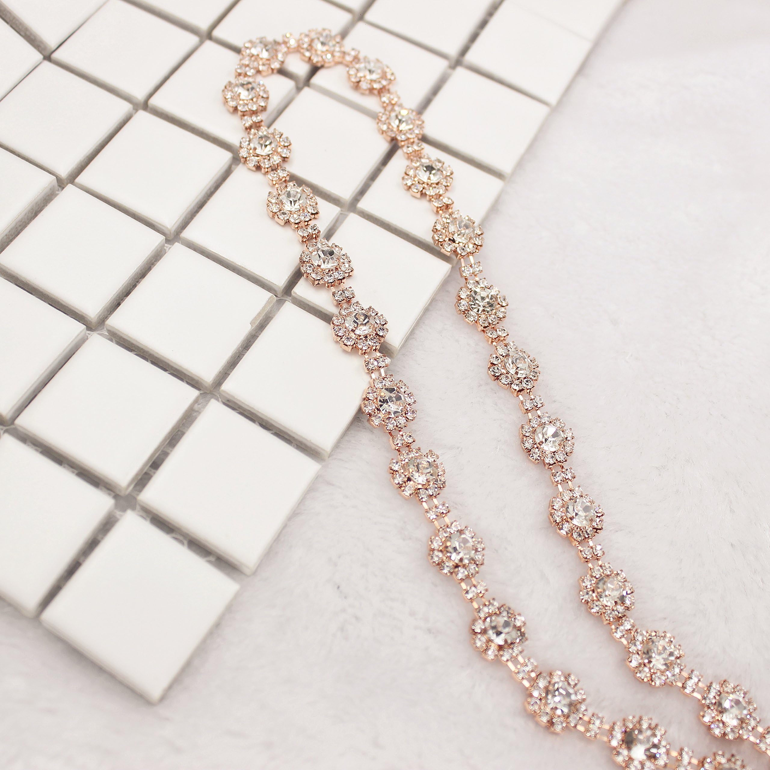 1 Yard 10mm Costume Applique Crystal Clear Rhinestone Rose Gold Chain Trims Sew On Rhinestone Wedding Belt Headband Cake Decoration (Rose Gold Metal)