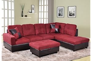 Beverly Fine Furniture Andes Microfiber with Faux Leather Sofa Set With Ottoman, Red Raspberry
