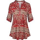 Ninedaily Women's 3/4 Sleeve Plaid Shirts Zip Floral Casual Tunic Blouse Tops