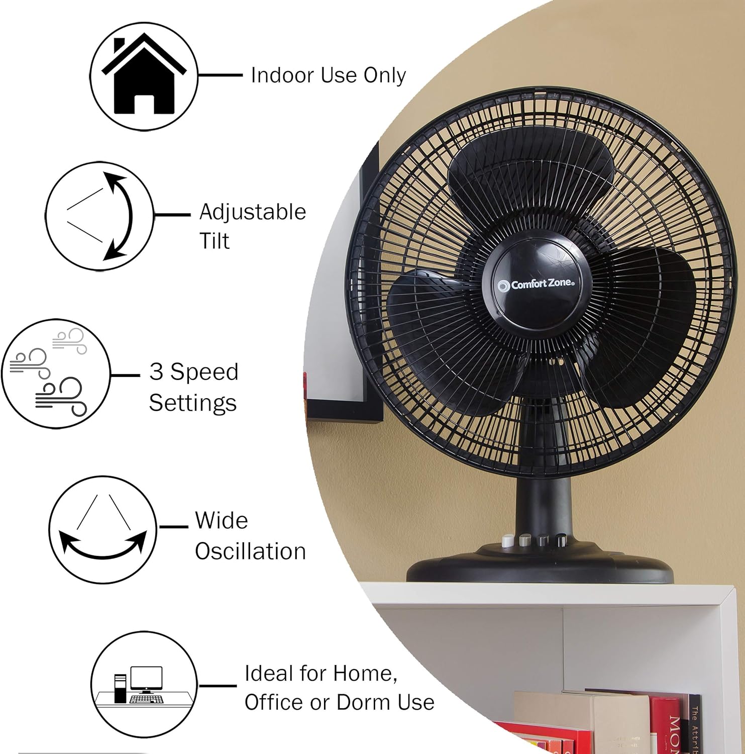 Comfort Zone Oscillating Table Fan | Portable, 3 Speed, Black Fan: Home & Kitchen