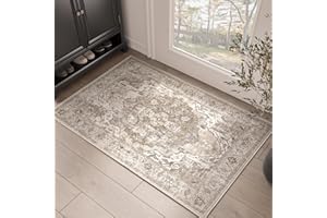 jinchan Area Rug 2x3 Washable Rug Entryway Vintage Rug Kitchen Floor Cover Traditional Rug Thin Rug Taupe Multi Distressed Floral Indoor Mat for Bathroom Doormat Bedroom Living Room