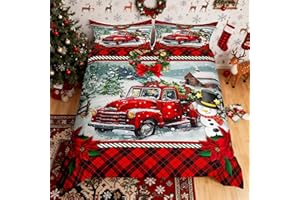 Homewish Christmas Truck Bedding Set King Size Kids Girls Boys Red Plaid Decor Pine Tree Duvet Cover Set 3pcs Winter Snow View Comforter Cover Happy New Year Gifts Quilt Cover with 2 Pillowcases
