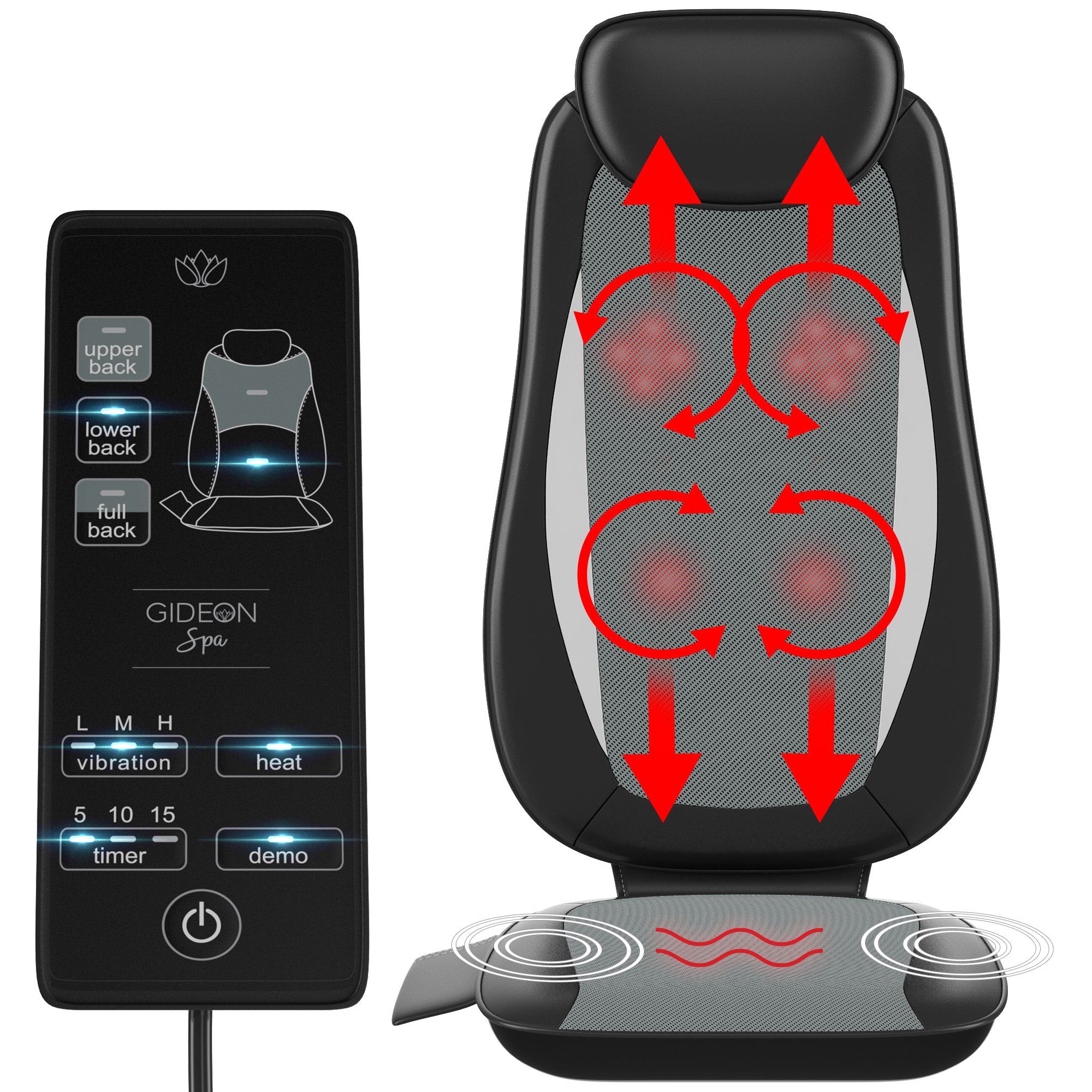 Gideon Six-Program Shiatsu Massager Customizable Massaging Cushion with Heat / Shiatsu 3D Deep Kneading, Percussion and Vibrating - Full Back, Upper back, Lower Back or Pinpoint Precise Massage Spot