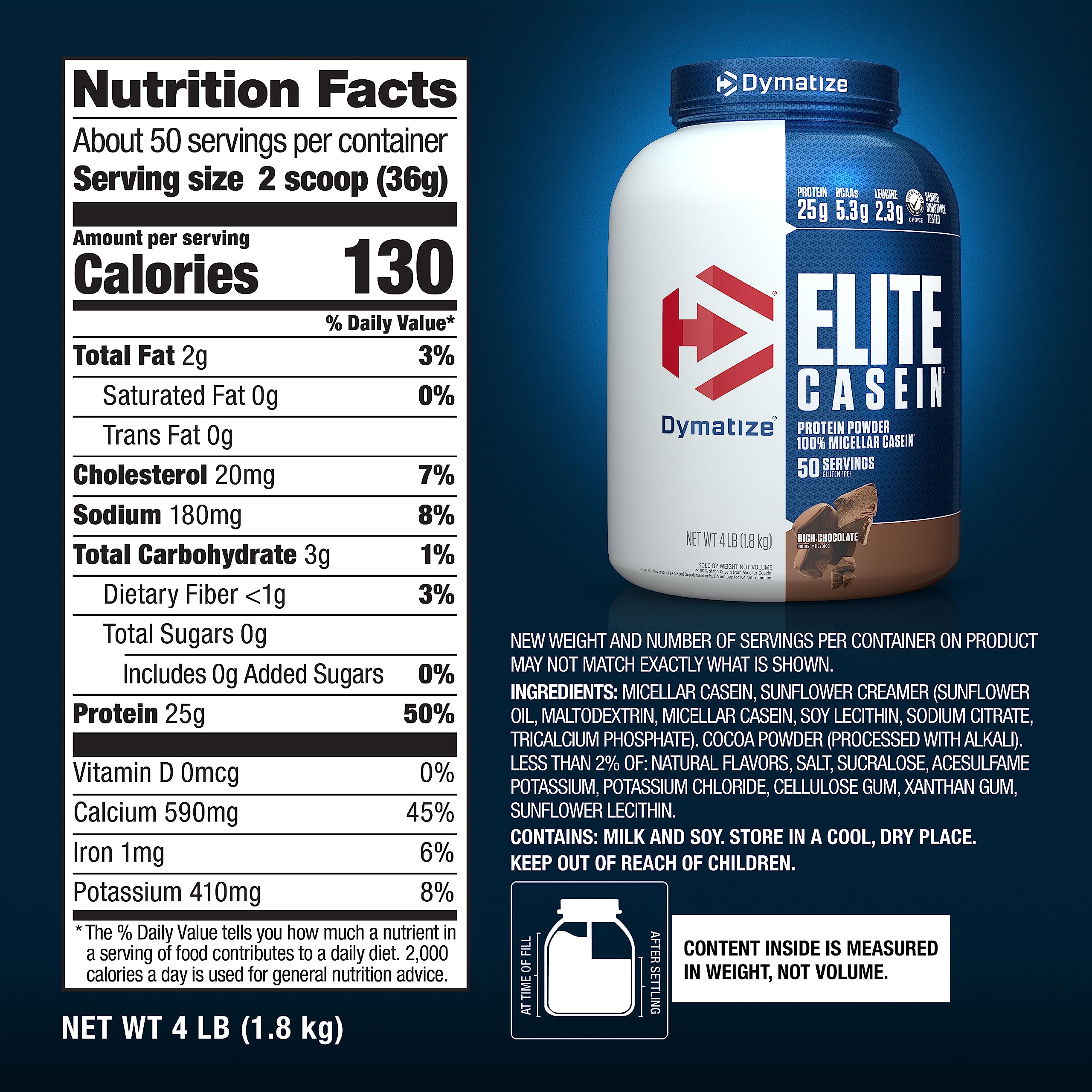 Dymatize Elite Casein Protein Powder, Chocolate, 100% Micellar Casein, 25g Protein, 5.4g BCAAs, 2.3g Leucine, Slow Absorbing for Overnight Muscle Recovery, 4 lb (50 Servings)