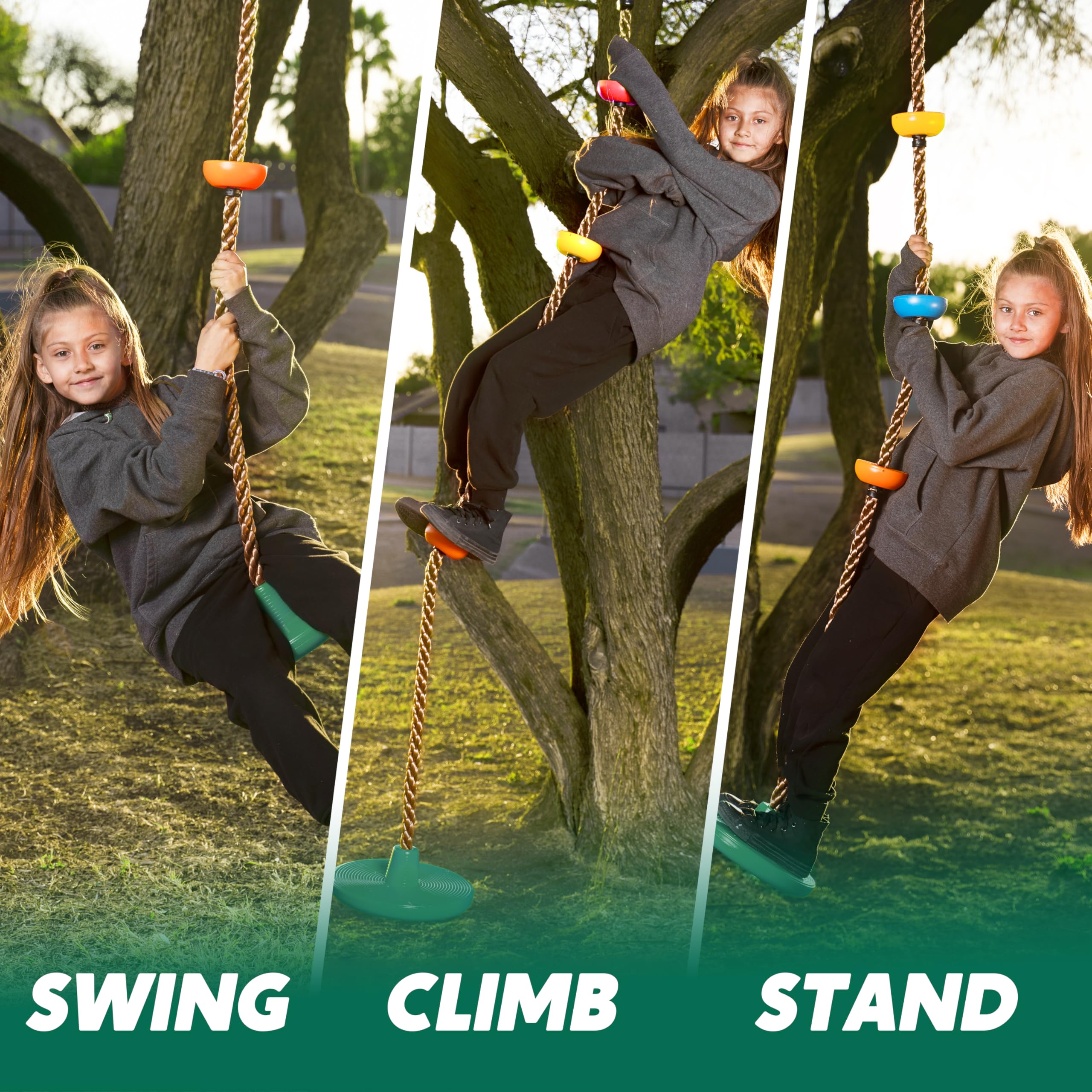 TURFEE Tree Swing for Kids - Single Disc Seat and Climbing Rope Set w/Carabiner & 4 Ft Strap - Treehouse and Outdoor Playground Accessories - Green ?