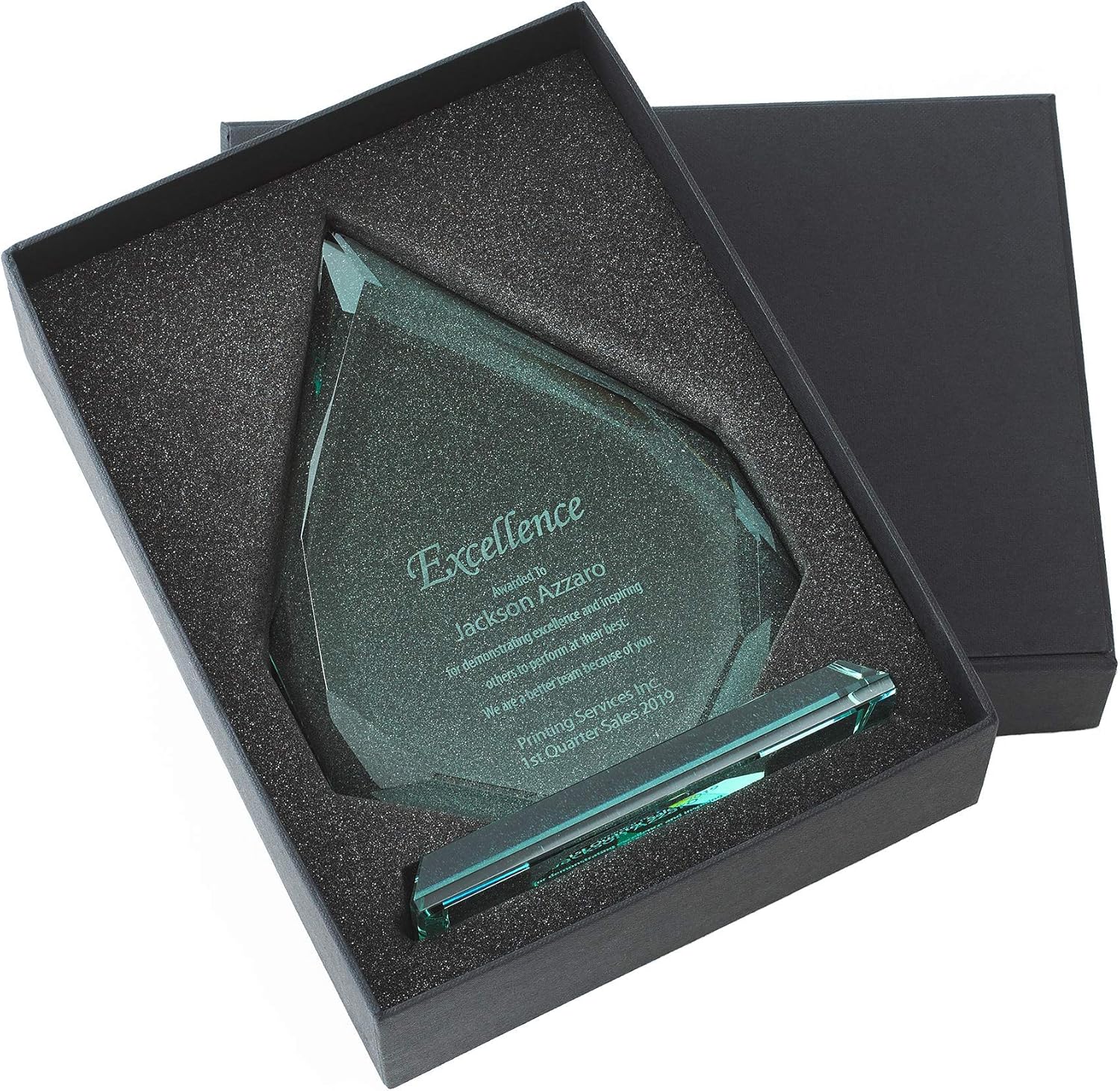 Engraved Trophy - Jade Glass - Award for Employees - Peak Shaped - Personalized Engraving Up To Three Lines and Pre-Written Verse Selection - Comes In Gift Box : Everything Else
