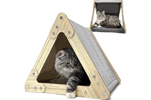 HeyKitten Deformable Wooden Cat Condo, Triangular Cave House, Open Tent Bed for Large Indoor Cats and Kittens