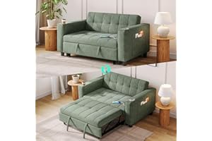 LINSY Sleeper Sofa Bed, 54" Pull Out Couch with Charging Station & Cup Holder, Small 3 in 1 Convertible Loveseat Sleeper Couch for Apartment, Dorm Room, Bedroom and Small Space, Corduroy Green