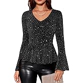Timormode Sparkly Tops for Women Long Sleeve V Neck Ruffle Hem Sequin Shirts Glitter Blouses Evening Party Night