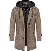 CREATMO US Men's Classic Pea Coat Wool Blend Trench Coat Windproof Business Overcoat With Detachable Hood