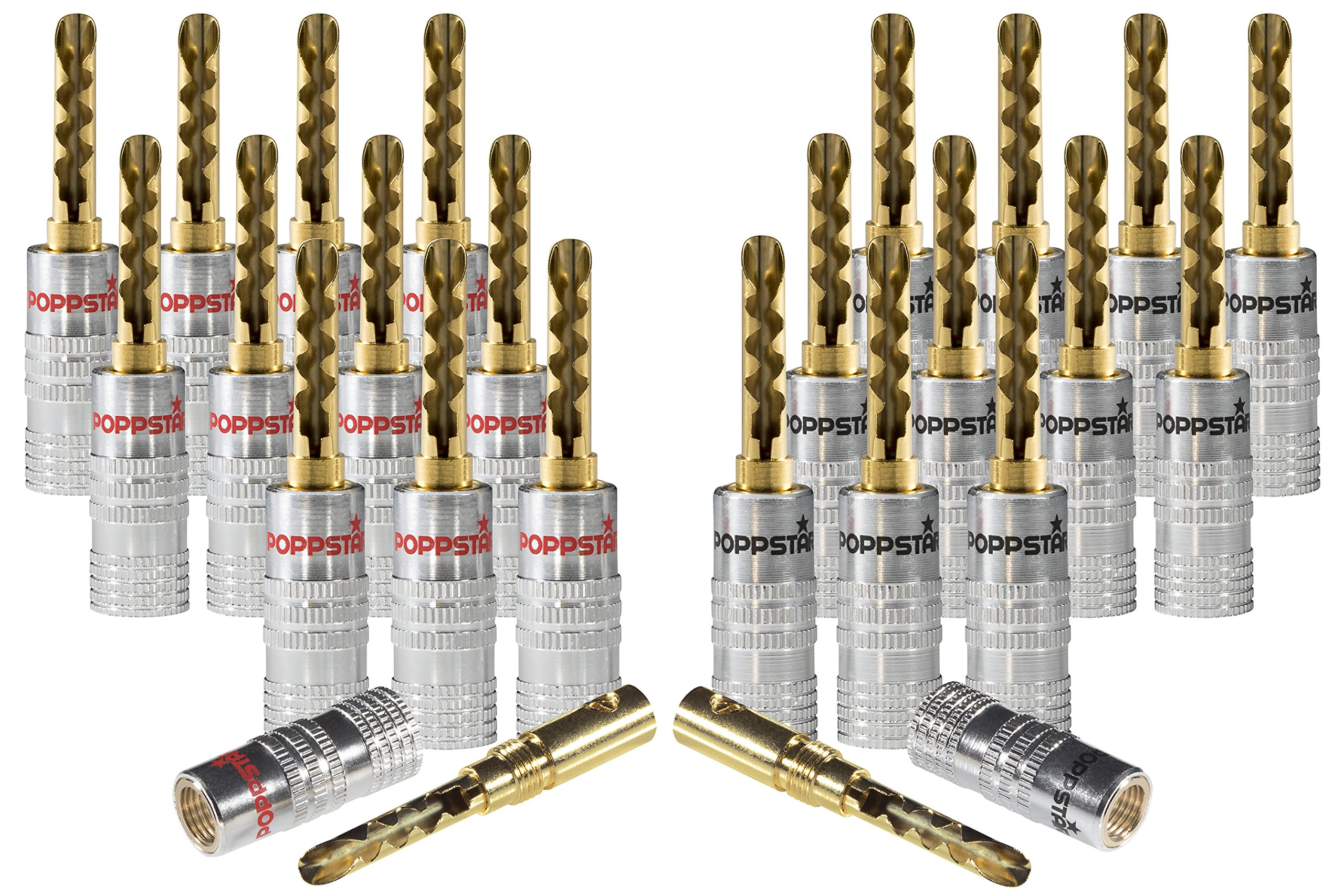 POPPSTAR 24x Hollow Banana Plugs, banana plugs for speaker cables (up to 6mm²), speakers, receivers, 24k gold-plated contacts (12x black, 12x red)