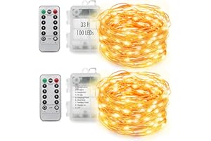 MUMUXI 33ft 100 LED Outdoor Fairy Lights, Timer Battery Operated Twinkle Lights with Remote [2 Pack], Christmas Outdoor String Lights Battery Operated, White Warm Outdoor Twinkle Lights Waterproof