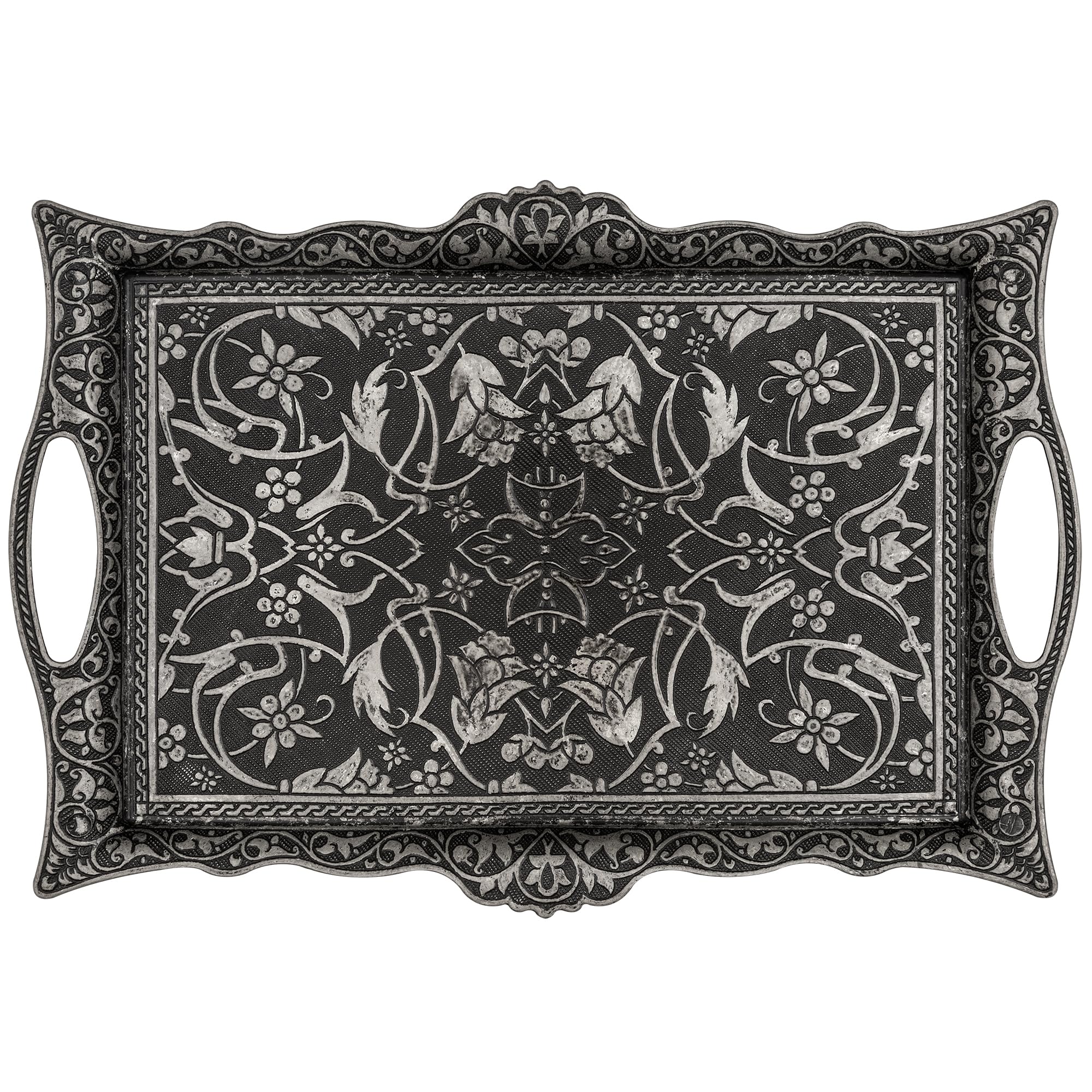 Alisveristime Ottoman Turkish Zamak Serving Tray with Traditional Motifs, Ideal for Coffee and Tea - Tray for Six People (36.8 x 25.0 cm) (Black)