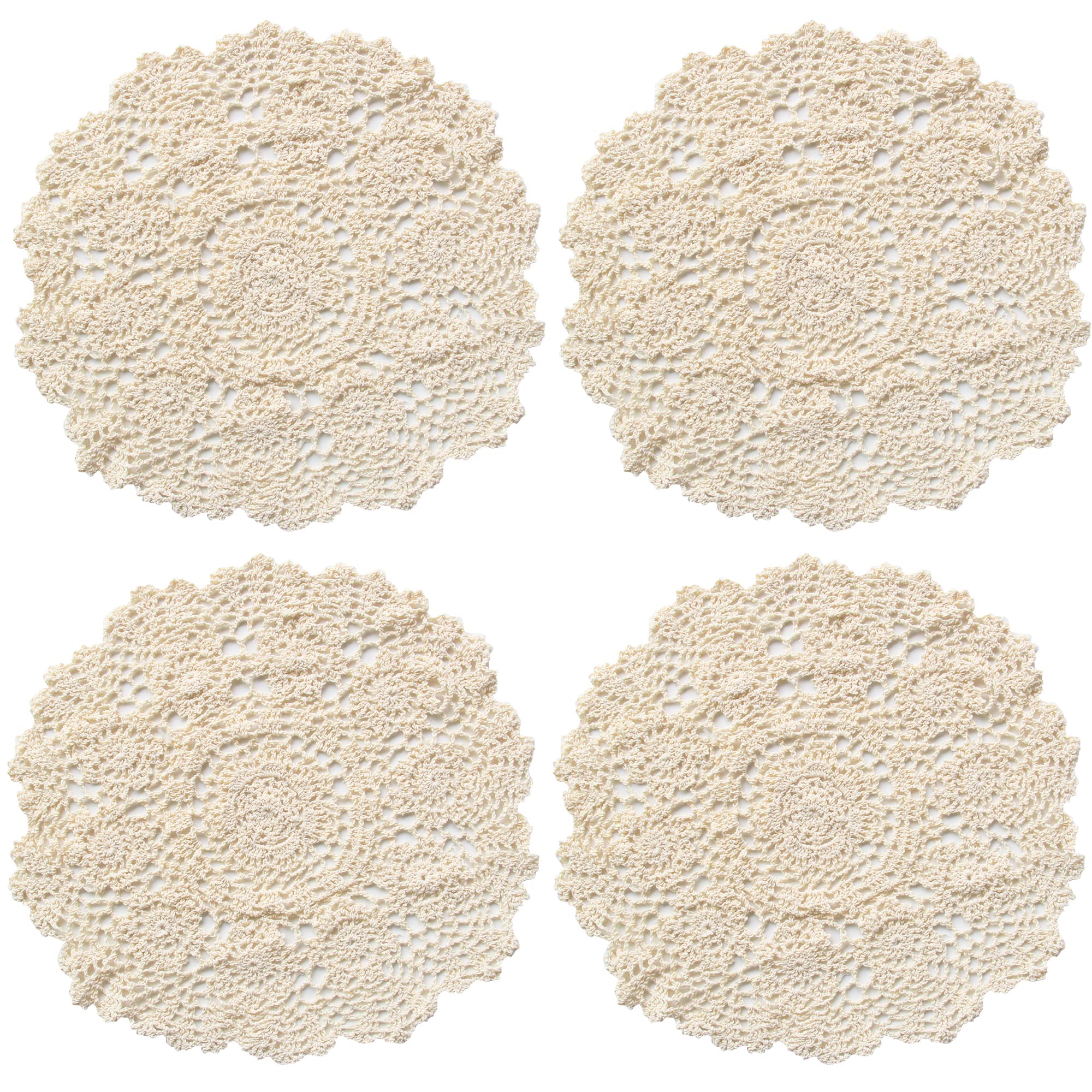 kilofly Crochet Cotton Lace Table Placemats Doilies Value Pack, 4pc, Rosary, Beige, 19.6 inch