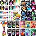 Abbylike 102 Pcs Monster Party Favors Include Make Your Own Stickers, Spring Launchers Toys, Monster Drawstring Backpack, Notebooks, Silicone Wristbands, Keychains, Badges Pins, Pencils