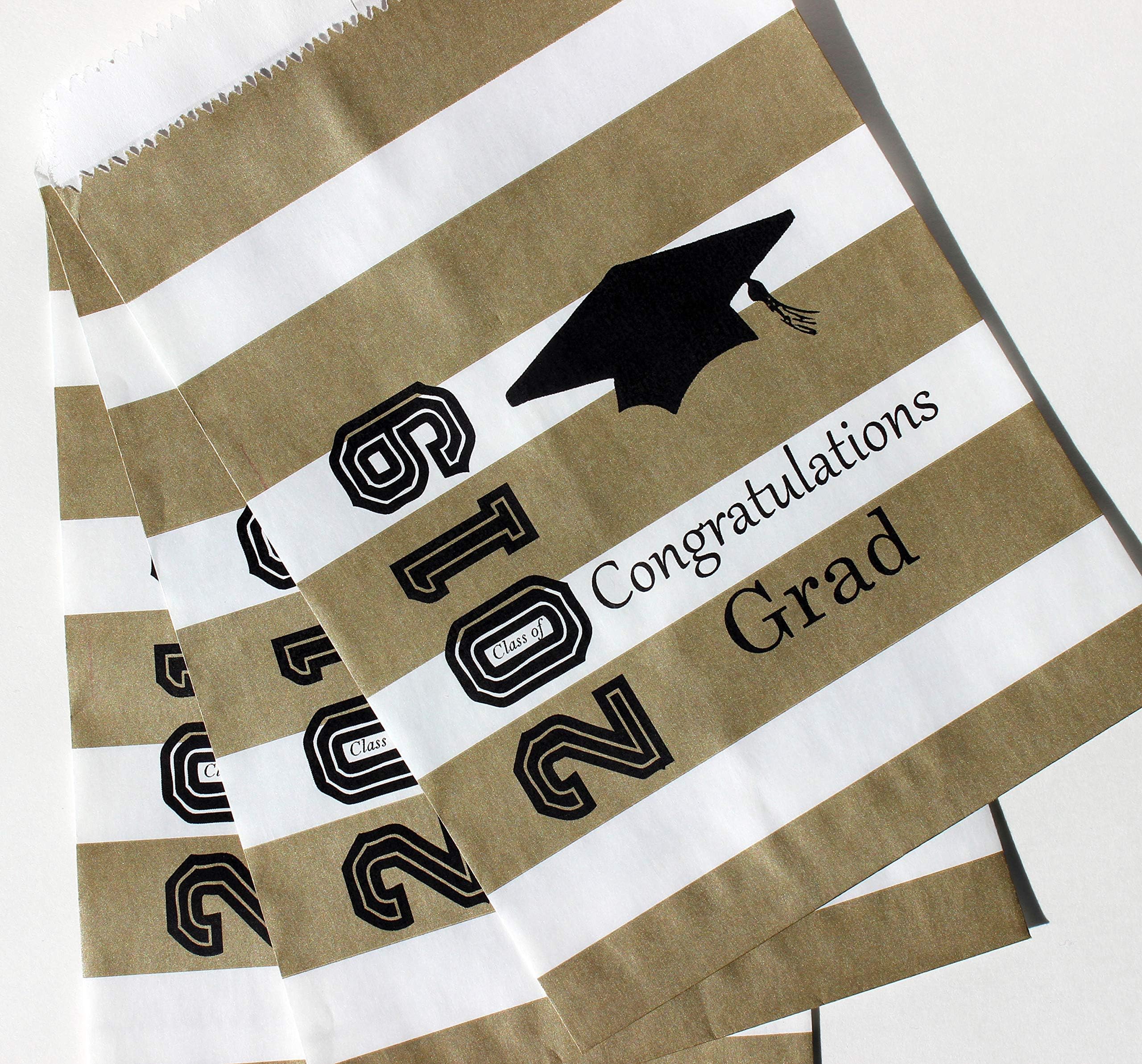 Bakers Bling Graduation Cap Party Favor Bags with Stickers, Congratulations Class of 2019, Gold and White Rugby Stripes, 5.5" W x 7.5" H, Set of 48 Treat Bags and 48 Grad Decorating Stickers