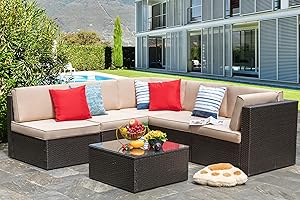 Vongrasig 6 Piece Patio Furniture Set, Small Outdoor Sectional Sofa Couch, All Weather PE Wicker L-Shaped Corner Patio Sofa Garden Backyard Patio Conversation Set w/Glass Table, Beige