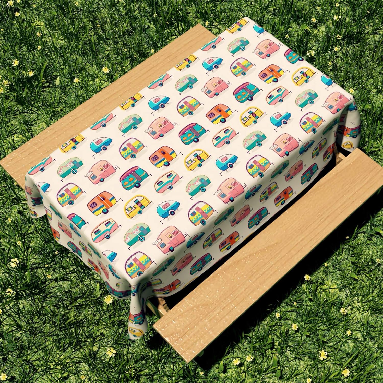 Picnic Table Cloth with Happy Camper Words Caravans Retro Style RV Fun Holiday Camping Decor Washable Waterproof Outdoor Picnic Camping Tablecloth (60" X 84", Happy Camper02)
