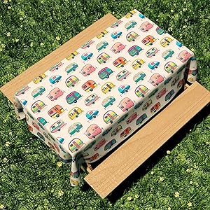 Picnic Table Cloth with Happy Camper Words Caravans Retro Style RV Fun Holiday Camping Decor Washable Waterproof Outdoor Picnic Camping Tablecloth (60" X 84", Happy Camper02)