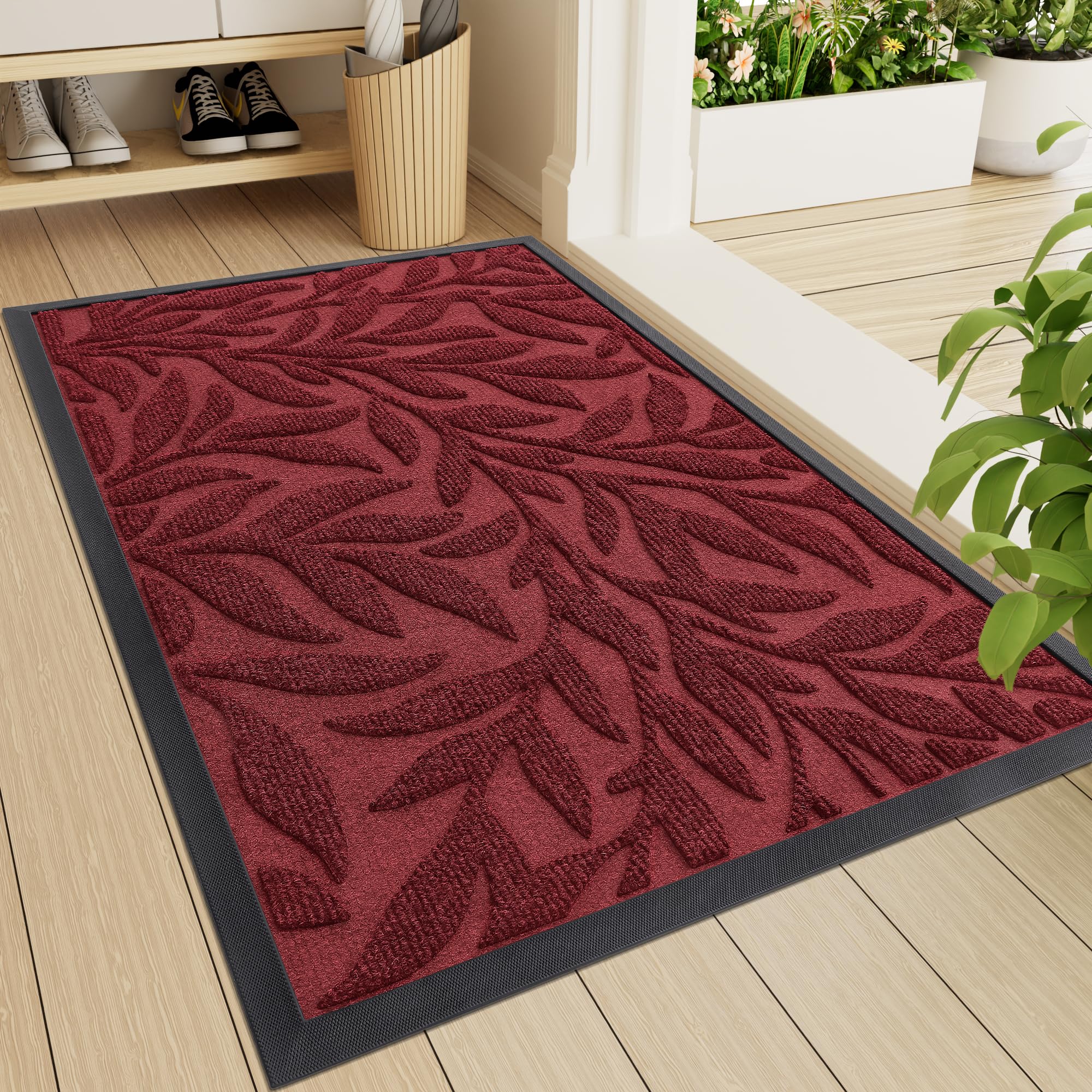 Photo 1 of Smiry Front Door Mat Indoor Outdoor Entrance, Heavy Duty Natural Rubber, Trap Dirt and Moisture, Non-Slip Doormats, Low Profile, Easy Clean Patio Porch Entryway Mat, 29.5x17, Wine Red