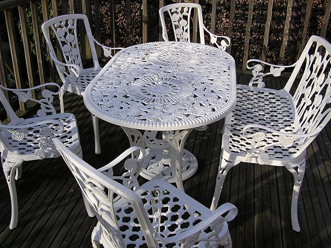 7pc Gloss White Cast Aluminium Garden Furniture Oval 140cm, 4 Armhairs