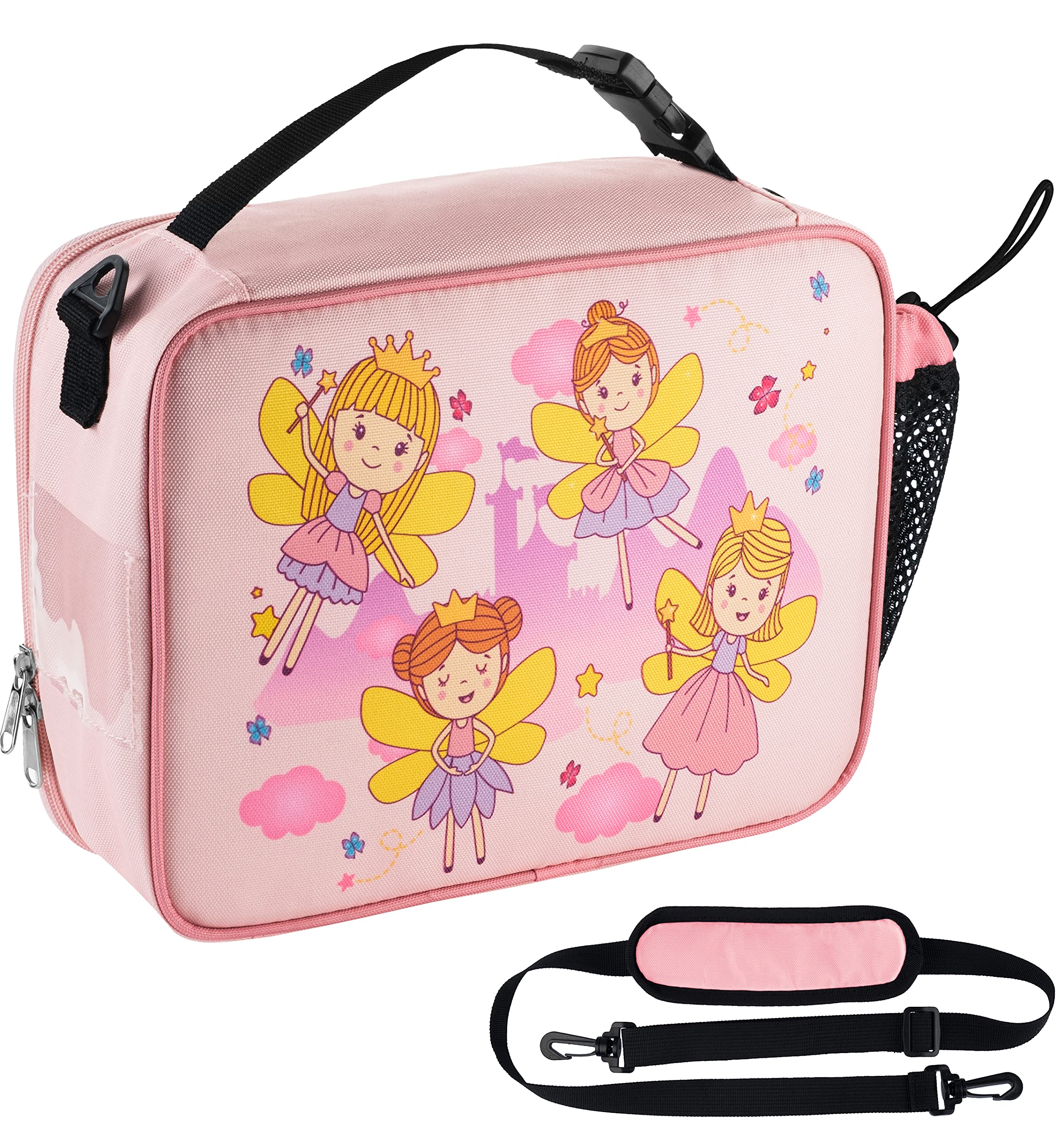 HeavenlyUnicorns Insulated Fairy Kids Lunch Bag for Girls Child with Bottle Holder, Carry Handle & Shoulder Strap, Kids Lunch Box Snack Box Thermal Tote Cooler Bag for School Picnic Outdoor or Work