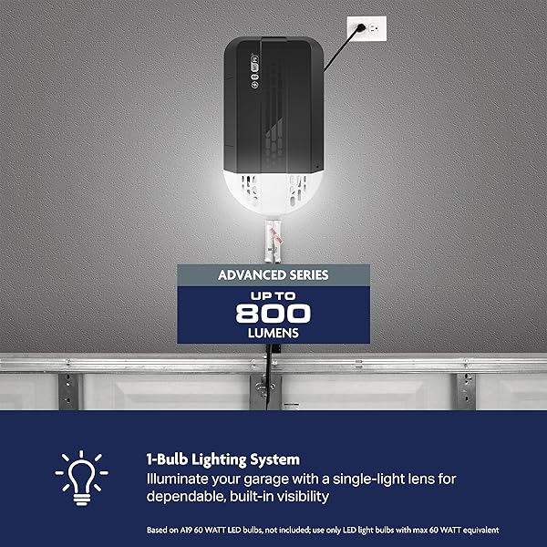 CHAMBERLAIN 1/2 HP BELT DRIVE SMART GARAGE DOOR OPENER WITH BATTERY BACKUP, 1-BULB LIGHTING, AND MYQ CONNECTIVITY