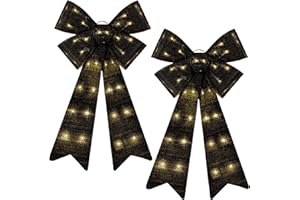ANVAVO 2 Pieces LED Christmas Bow Christmas Tree Topper Bow Prelit Christmas Bows Decorations with Lights 24"x12" Large Xmas LED Lights Bow Battery Powered Christmas Bows for Wreath Garland, Black