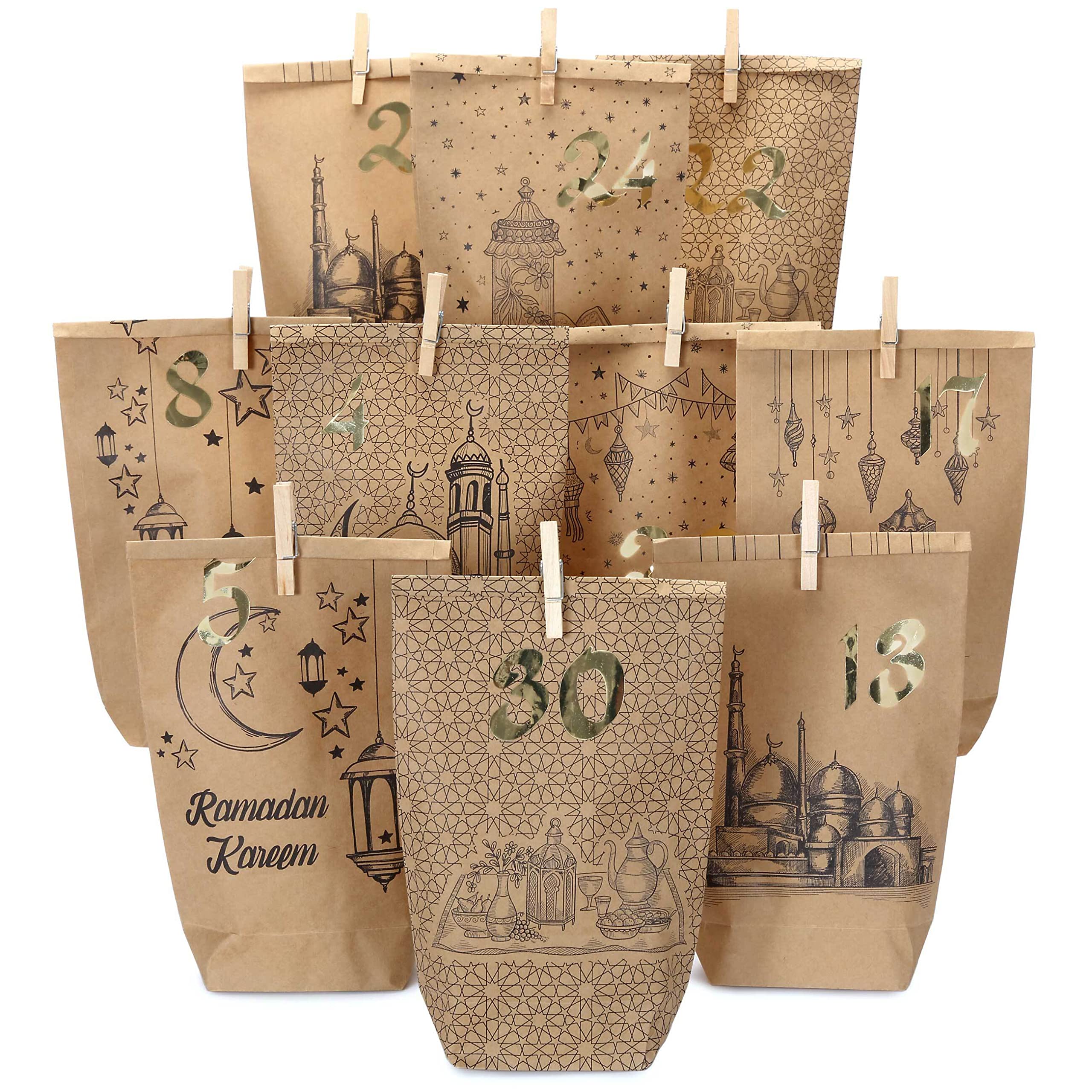 Papierdrachen DIY Ramadan Calendar for Filling, Printed Kraft Paper Bags, 30 Gift Bags for Standing and Decorating, Eid Mubarak, Reusable