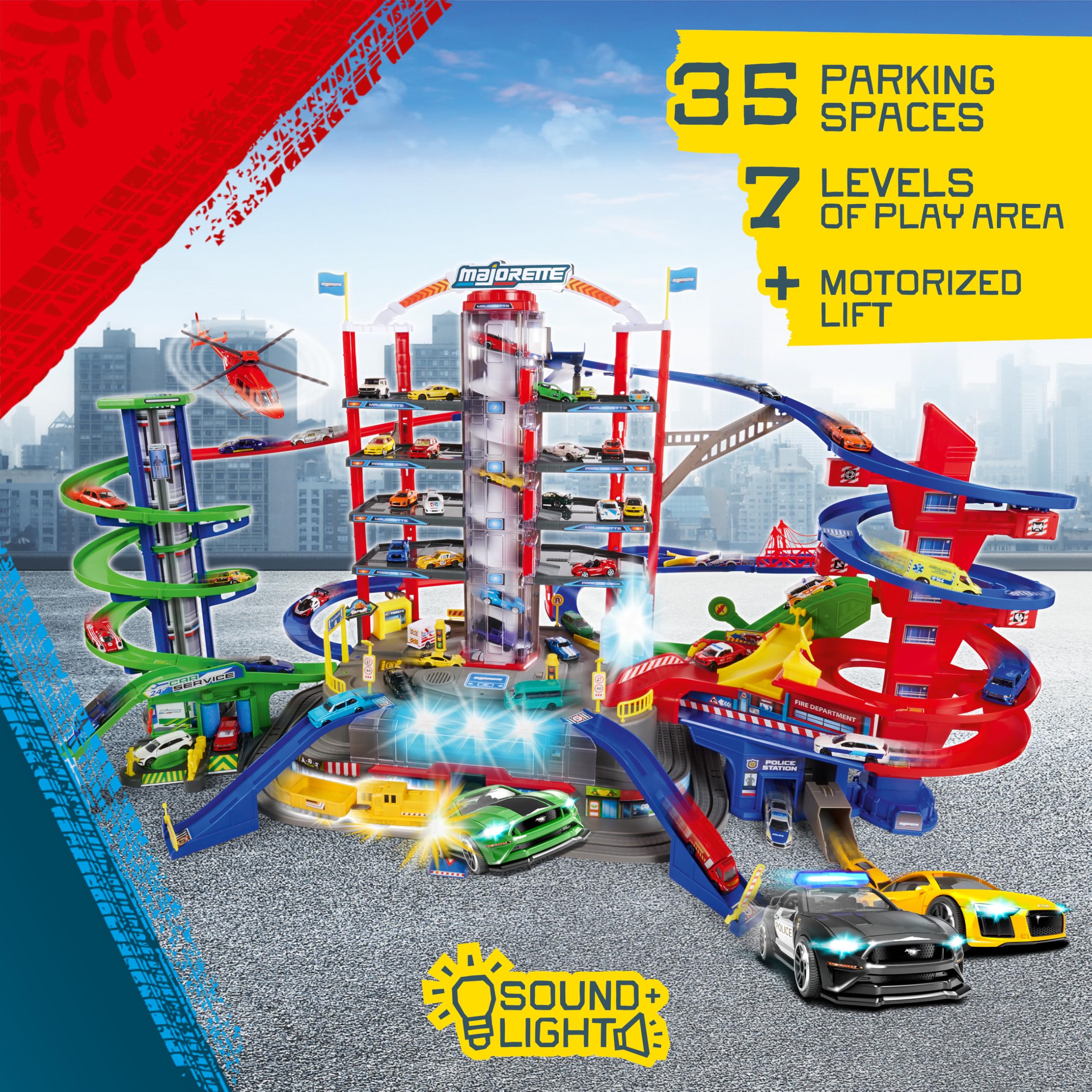 DICKIE TOYS: Majorette Super City Garage Playset with 6 Die-Cast Cars, Parking Building Play World on Seven Floors, 6 Light and Sound Effect Systems, For Ages 3 and up , 128 x 78 x 73 cm