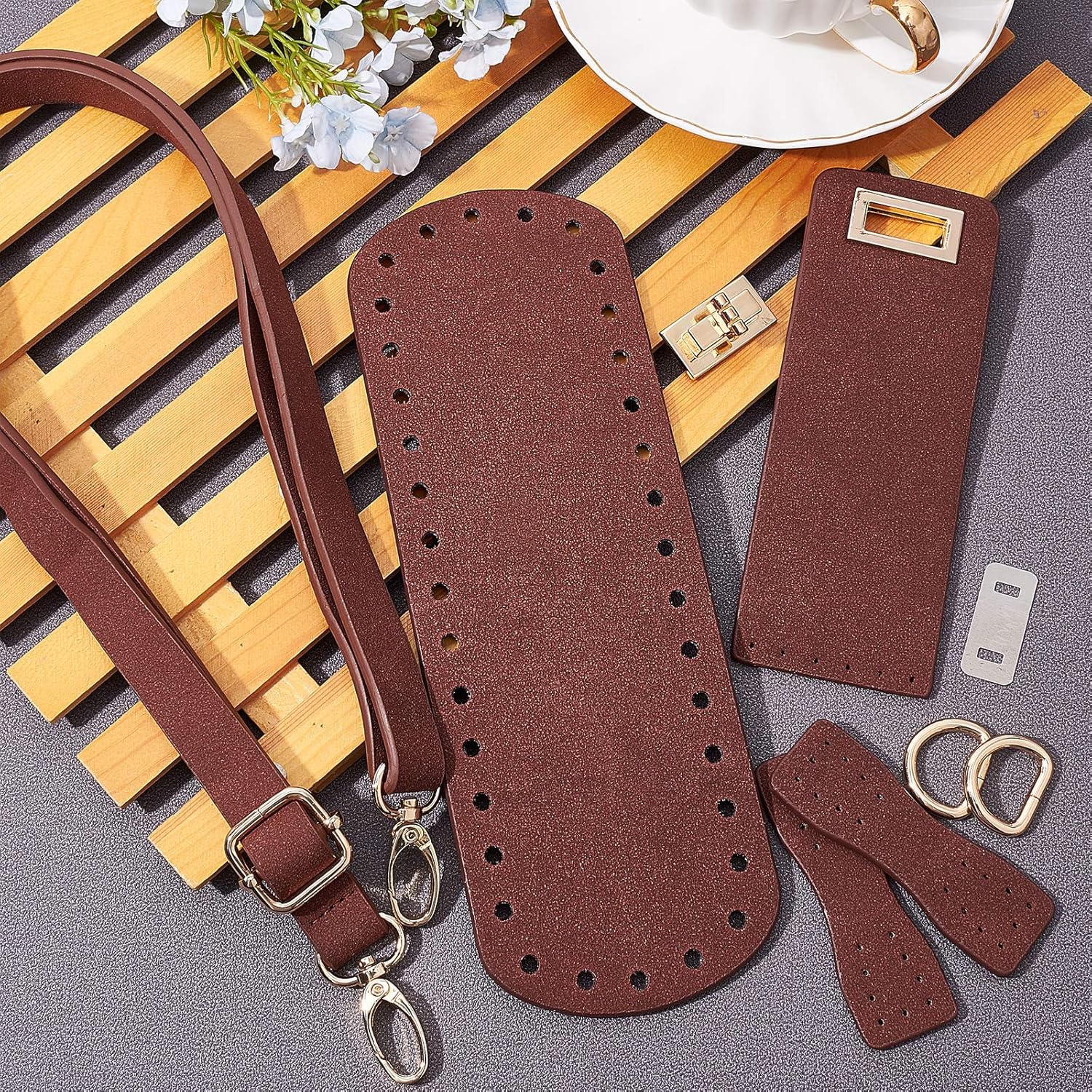 PandaHall DIY PU Leather Bag Knitting Set, Leather Bag Bottom/Shoulder Strap/Bag Twist Lock/Flap Cover/Bag Buckles, Brown（7 Kinds of Accessories）
