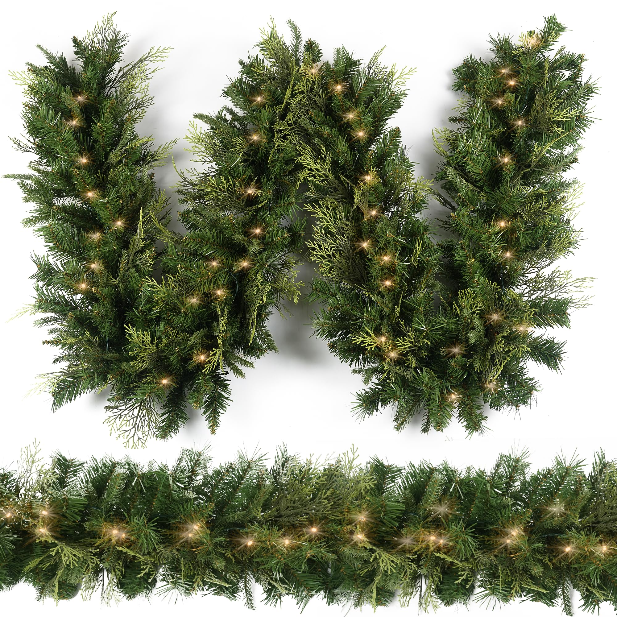 Photo 1 of Christmas Garland with 50 Lights 9 Ft, Prelit Xnas Garland with Cypress Leaf, Battery Operated Christmas Decor for Mantle Staircase Indoor and Outdoor (Tips-A-Plug-in)