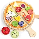 PairPear Wooden Pizza Cutting Play Food Set, 28 Piece Pretend Pizza Toys Food Playset, Montessori Kitchen Toy Gift for Toddlers Ages 3+