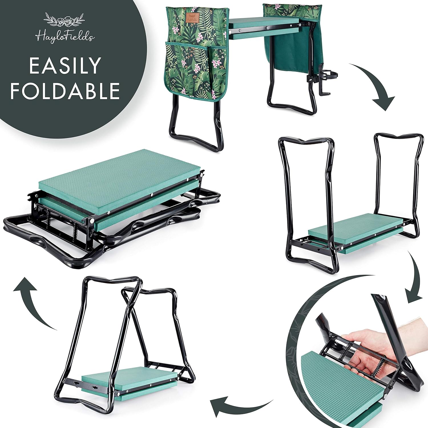 HayloFields Gardening Stool and Kneeling Pad, with 2 Tool Pouches, Drink Holder, Floral Pattern - Large, 2-in-1 Garden Kneeler and Seat with Comfortable Foam Seat - Premium Gardening Gifts: Garden & Outdoor