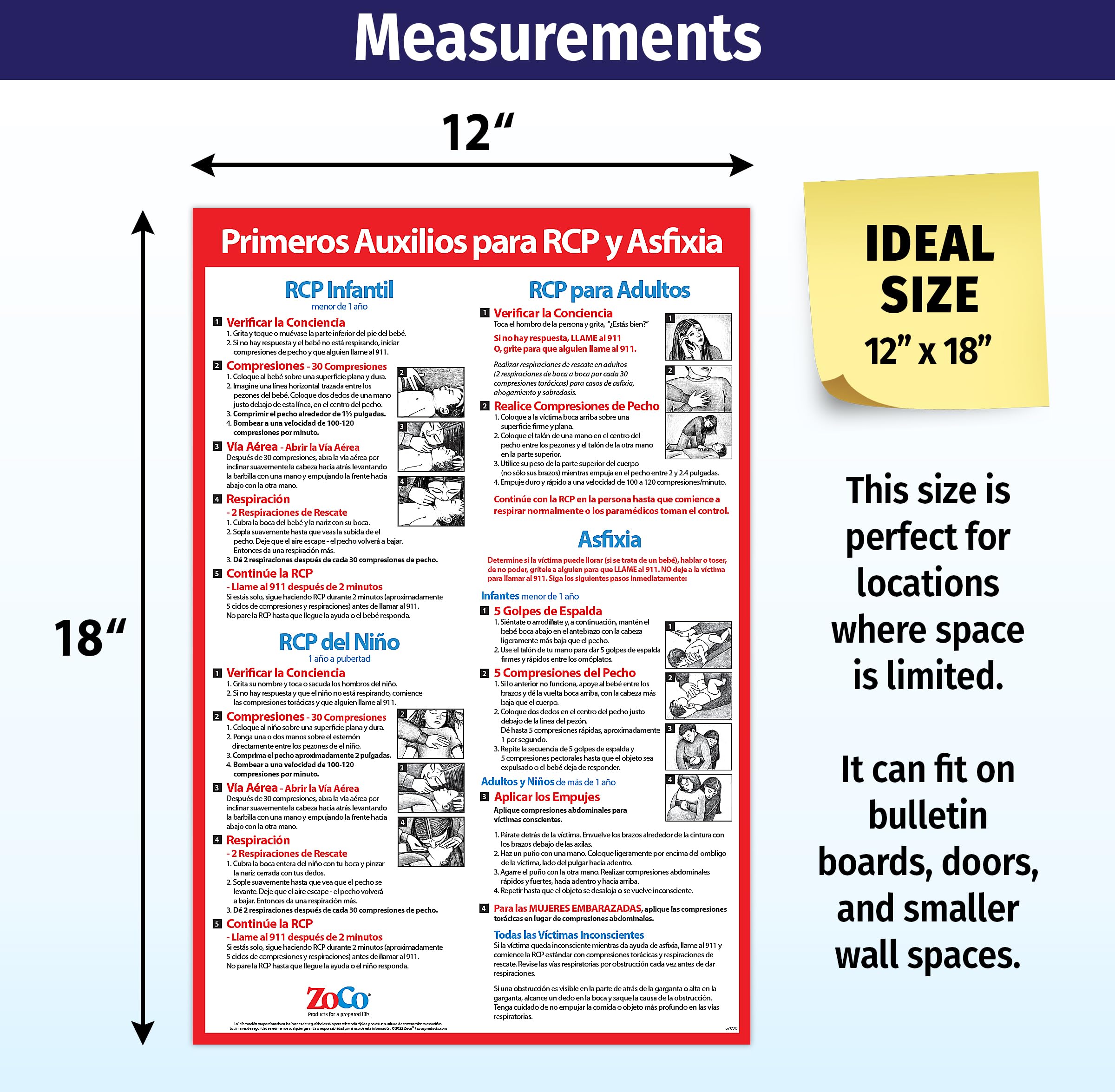 CPR & Choking First Aid Posters in Spanish (en Español) - Laminated, 12 in. x 18 in. - Restaurant Compliance Signs - School Supplies in Spanish