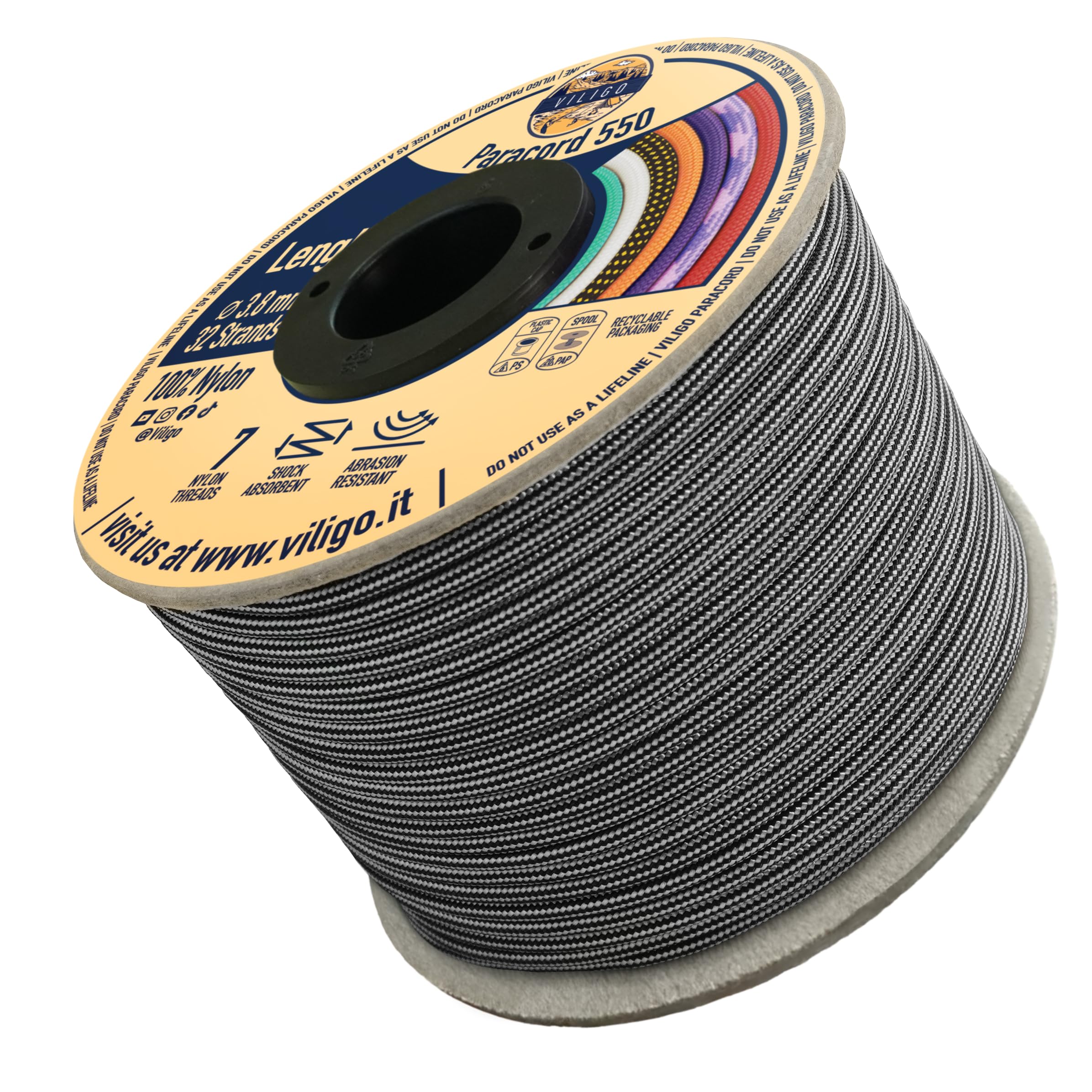VILIGO Paracord 550 - Type III (3.8 mm) - Nylon Braid, 7 Inner Strands, Ideal for Camping, DIY Projects, Bracelet Making and Accessories (50 m, Dalmatian)