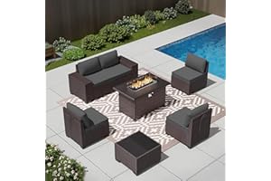 RTDTD Outdoor Patio Furniture Set with Propane Fire Pit Table, 7 Pieces Outdoor Furniture Patio Sectional Sofa Conversation Sets w/ETL Approved 43" Gas Outdoor Fire Table & Coffee Table (Grey)