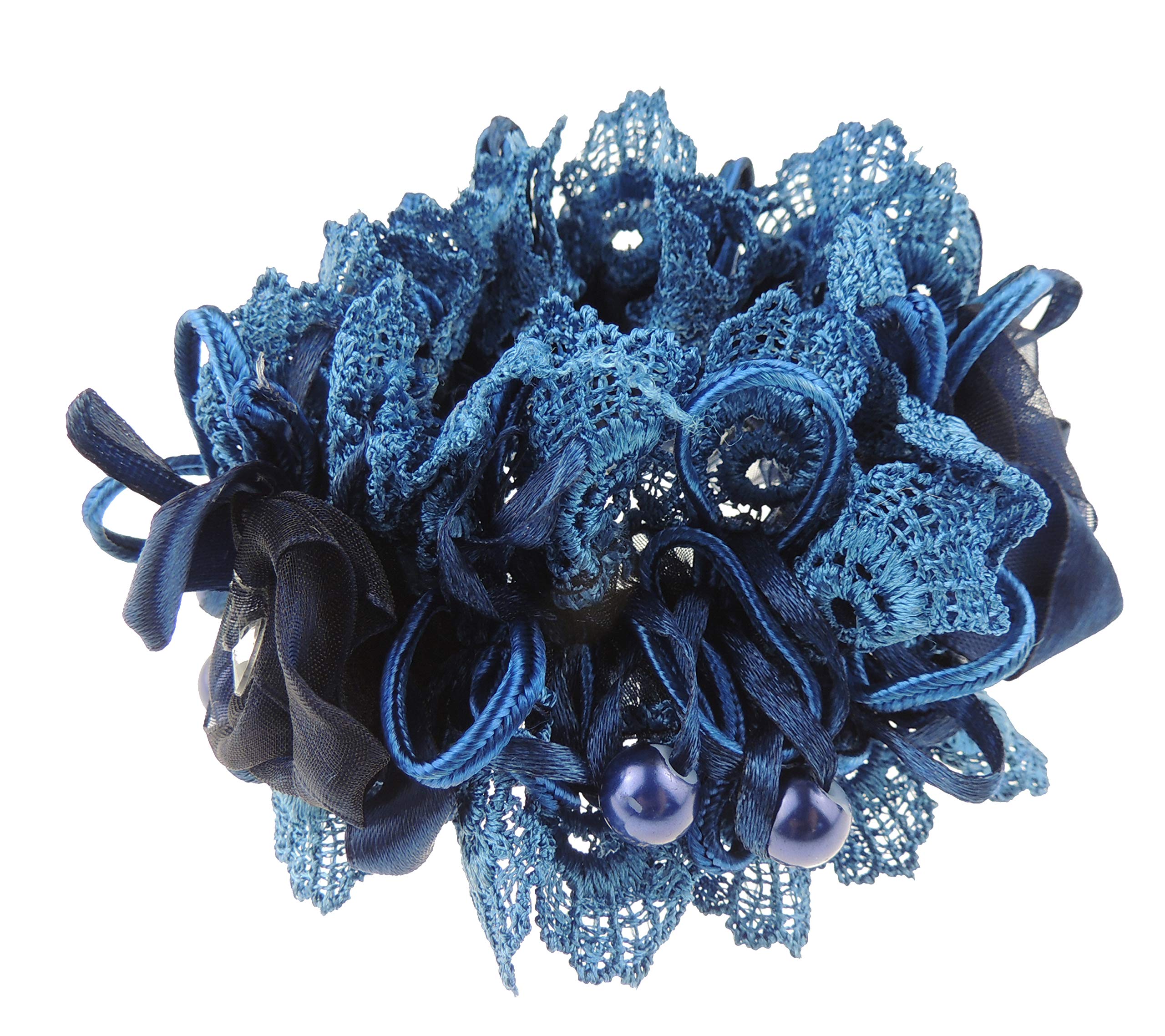 Ladies Girls Chunky Lace & Satin Rosette Hair Tie (Royal Blue No Crystal)