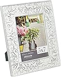 PinnacleFrames and Accents 5X7 Embossed Metal Tin Distressed Tabletop Picture Frame, White